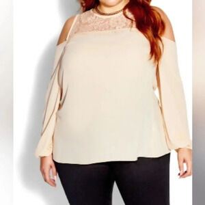 NWT City Chic Natalia Top in Buff, Cold-Shoulder, Lace Detail, Flowy, Size 16.